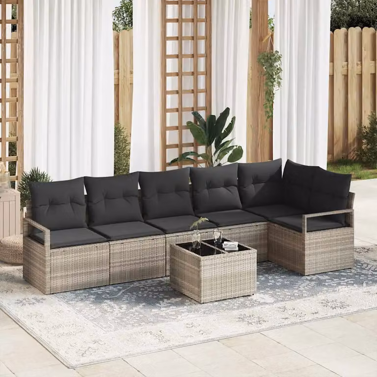 Set di divani da giardino vidaXL in rattan e metallo, 7 pezzi, Grigio, con cuscini e tavolino da caffè incluso