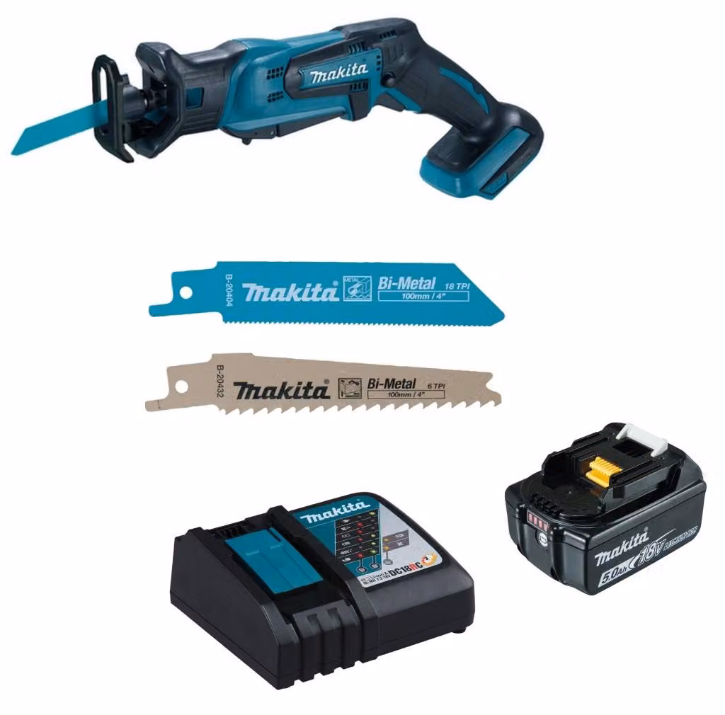 Sega reciproca a batteria Makita DJR183Z, 18V, con batteria 5,0 Ah BL1850B e caricabatterie DC18RC