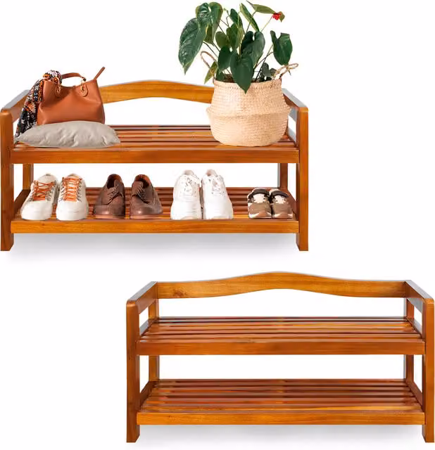 Set di 2 scarpiera Casaria® in legno di acacia marrone con 2 ripiani per ingresso