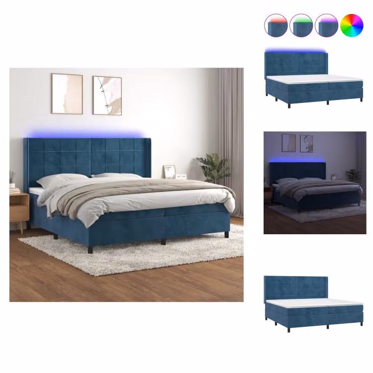 vidaXL Letto a molle con materasso e LED in velluto blu scuro 200x200 cm - Letti & strutture letto