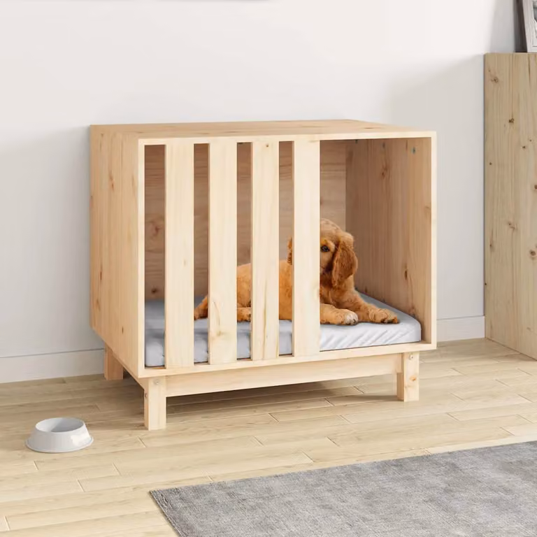 Cuccia per cani vidaXL in legno di pino naturale, colore marrone e beige, con pavimento rialzato, L: 60 cm, P: 45 cm, H: 57 cm