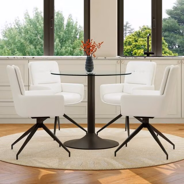 Set tavolo e sedie con tavolo rotondo e 4 sedie girevoli in vetro temperato, metallo e PU nero, trasparente, bianco