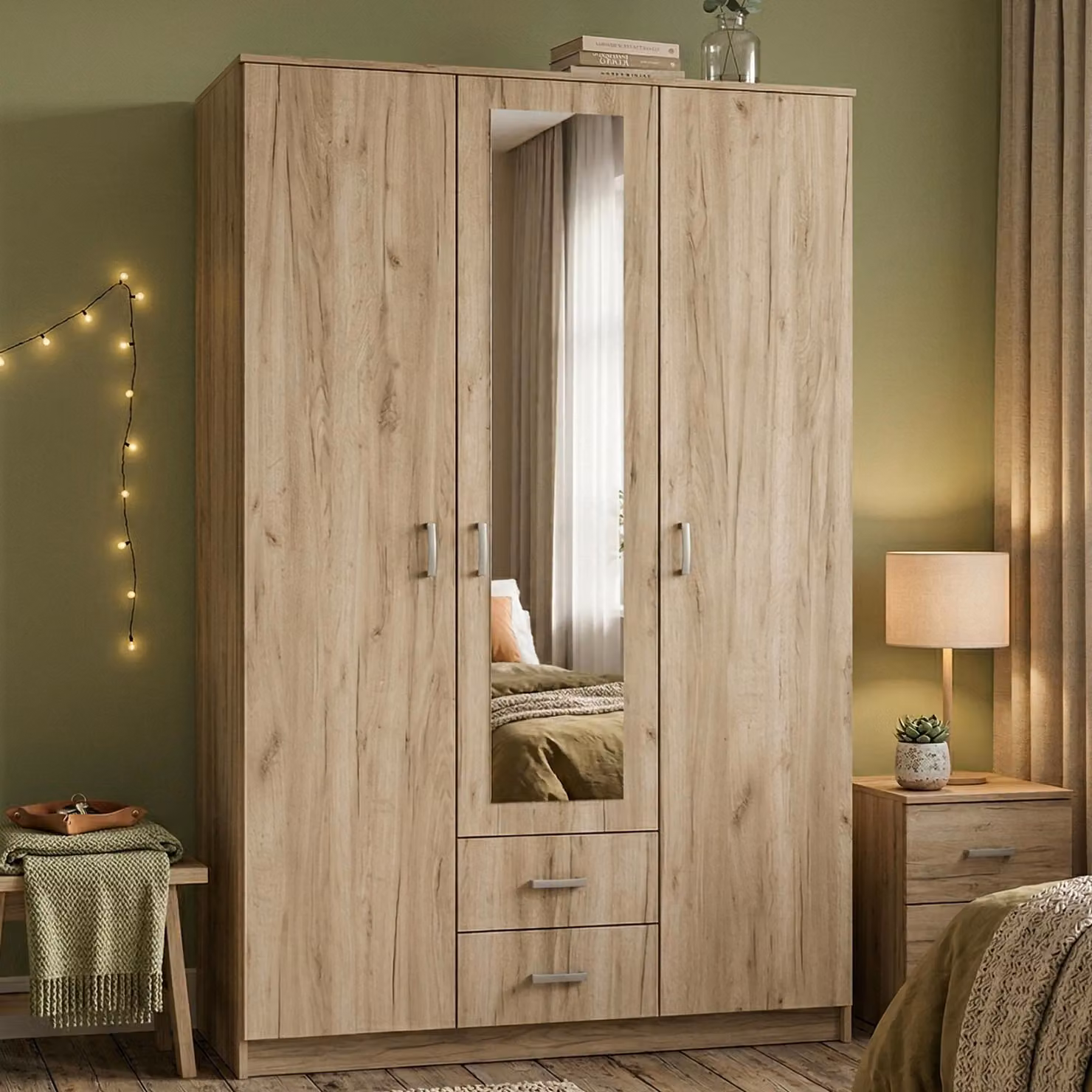 Dmora Guardaroba 3 Ante Crati 120x52 cm Marrone Rovere, Appendiabiti 2 Cassetti