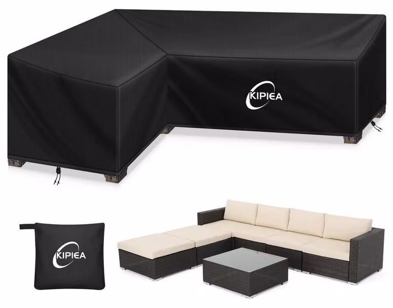 Copertura per mobili da esterno a forma di L, realizzata in tessuto Oxford 420D, impermeabile, resistente alle intemperie invernali, antivento e resistente ai raggi UV. Dimensioni: 224x288x85 cm