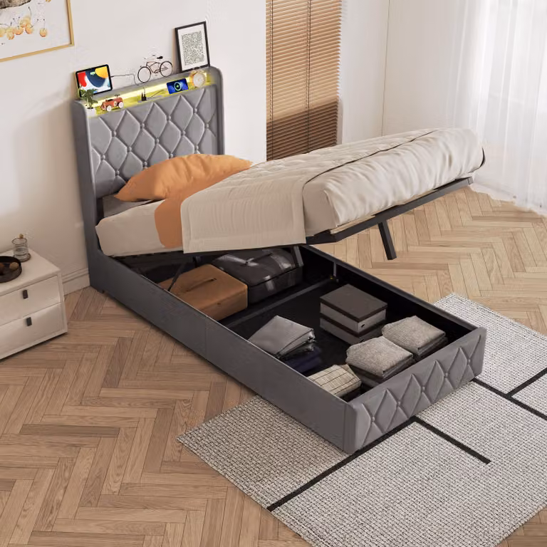 Letto imbottito INONEFT, 90x200 cm, con LED e USB, letto per ragazzi con spazio contenitore a sollevamento idraulico, struttura letto singola con contenitore e rete a doghe, in velluto, colore grigio