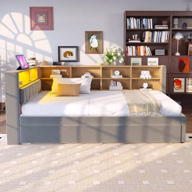 Divano letto multifunzionale WISHDOR in flanella grigio scuro con letto estraibile, vano contenitore, illuminazione LED e prese USB, L/P/H: 90 x 200 cm