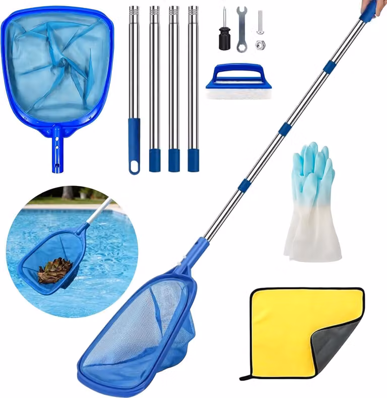Retino per piscina, 185 cm, asta telescopica, retino per skimmer, spazzola per la pulizia, asciugamano, per piscina