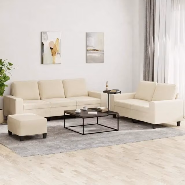 Set di divani moderno vidaXL in tessuto beige composto da divano a 3 posti, divano a 2 posti e pouf con cuscini inclusi