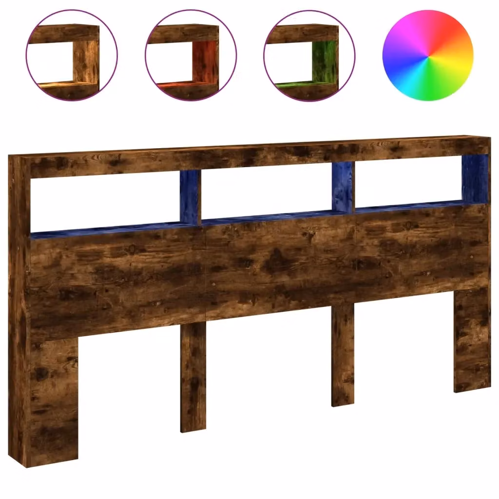 Testiera con Contenitore Design Mania in Rovere Fumo con LED, Ripiani e Porte USB, L: 200 cm, P: 17 cm, H: 102 cm – 2