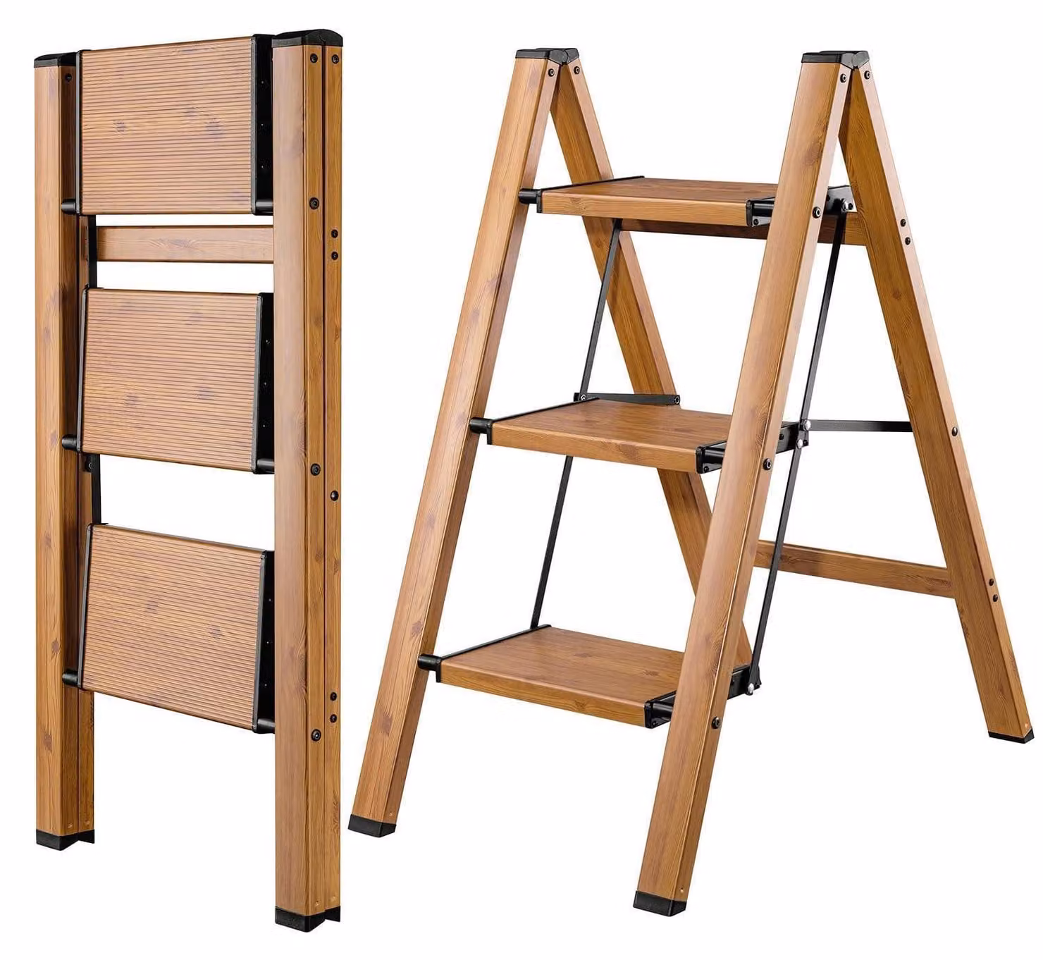 Scala pieghevole a 3 gradini, in alluminio con finitura effetto legno, antiscivolo, portata massima 150 kg