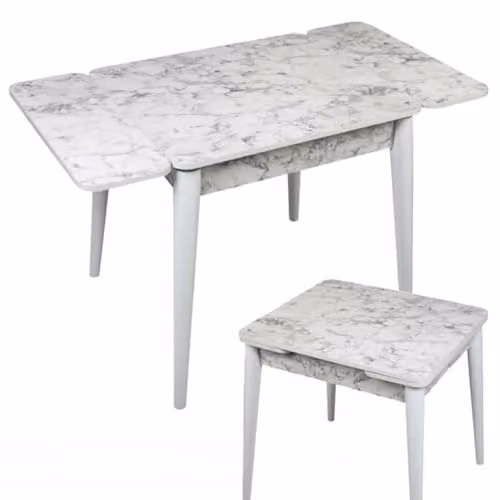 MA MAISON Tavolo Allungabile - Legno MDF, Estensibile, Cucina, Soggiorno, Salvaspazio, Effetto Legno, Marmo Bianco - 70 x 80 x h75 cm Chiuso, 70 x 120 x h75 cm Aperto