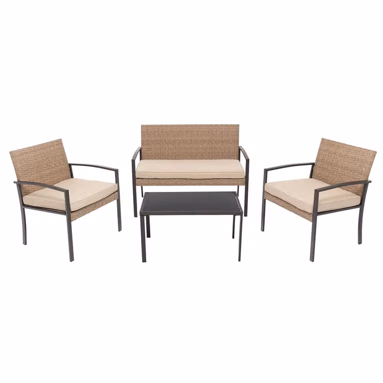 Set da giardino 4 pezzi Vestiamo Casa Giardino in rattan sintetico con struttura in acciaio antracite, top in vetro e cuscini beige