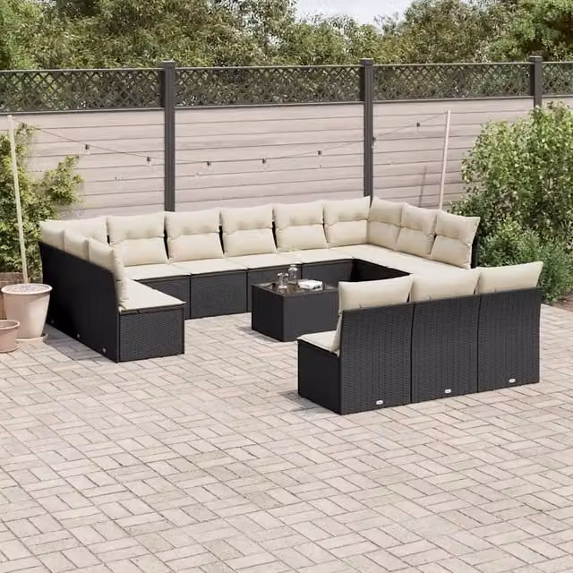 Set di Divani da Giardino VIDAXL a Forma di U in Polyrattan Nero con Cuscini, 14 Pezzi – 1