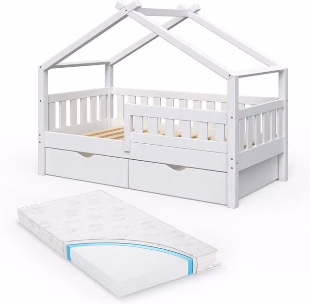 Letto montessori bambini Design Bianco 80x160 cm con 2 cassetti e materasso Vitalispa
