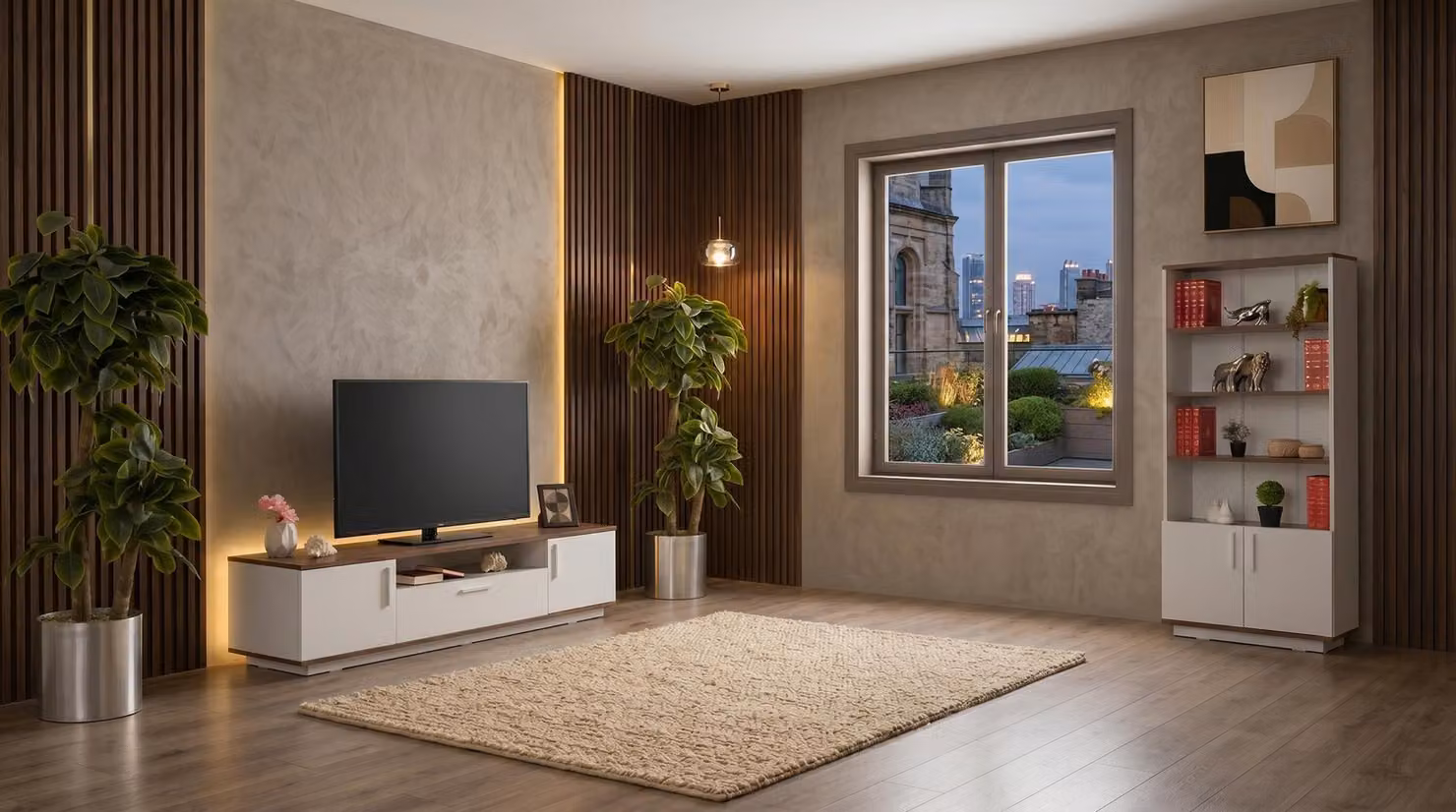 Mobile TV bianco elegante, supporto TV, libreria, stile moderno, mobili di design