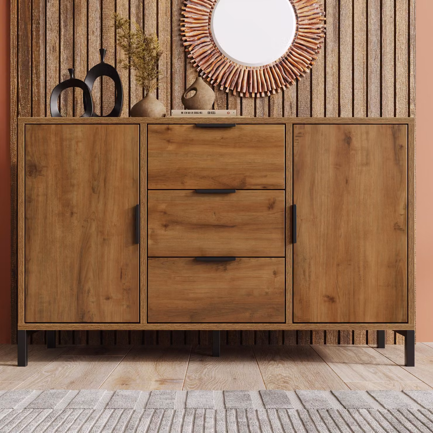 MODFU Cassettiera 120 x 40 x 76 cm, mobile contenitore, tavolo da conferenza con 6 cassetti, mobile decorativo per camere da letto e soggiorni, rovere scuro