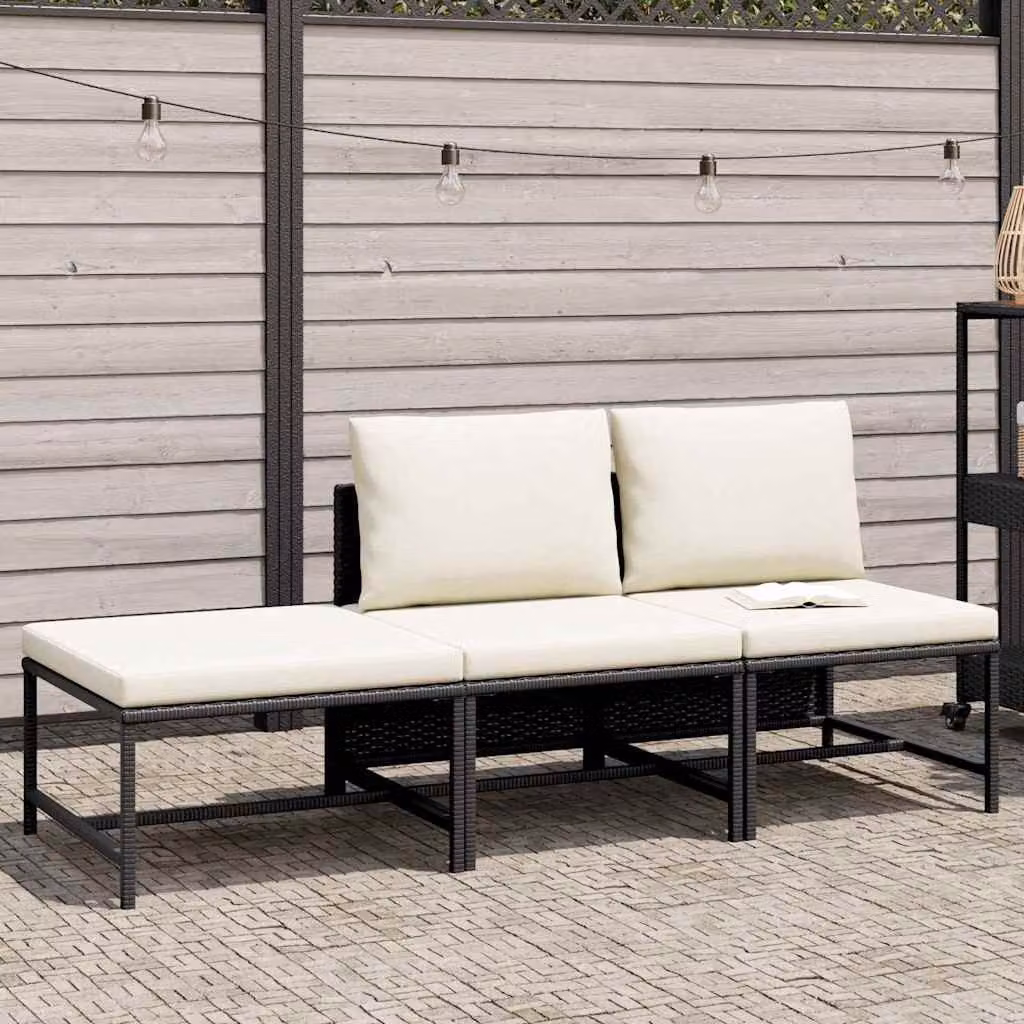 vidaXL Set Divani da Giardino 3 pz con Cuscini in Polyrattan Nero