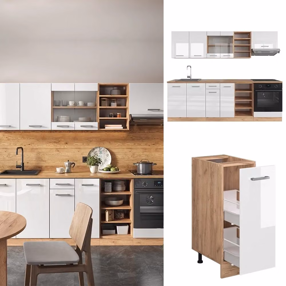 Cucina componibile moderna R-Line Vicco, Bianco lucido e Rovere dorato con piano Antracite, L: 240 cm – 2