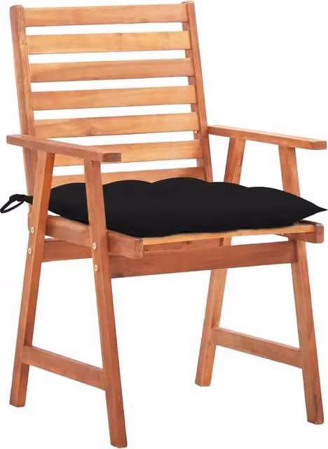 Set di 3 sedie da esterno in legno di acacia con cuscini neri e braccioli per giardino e terrazza