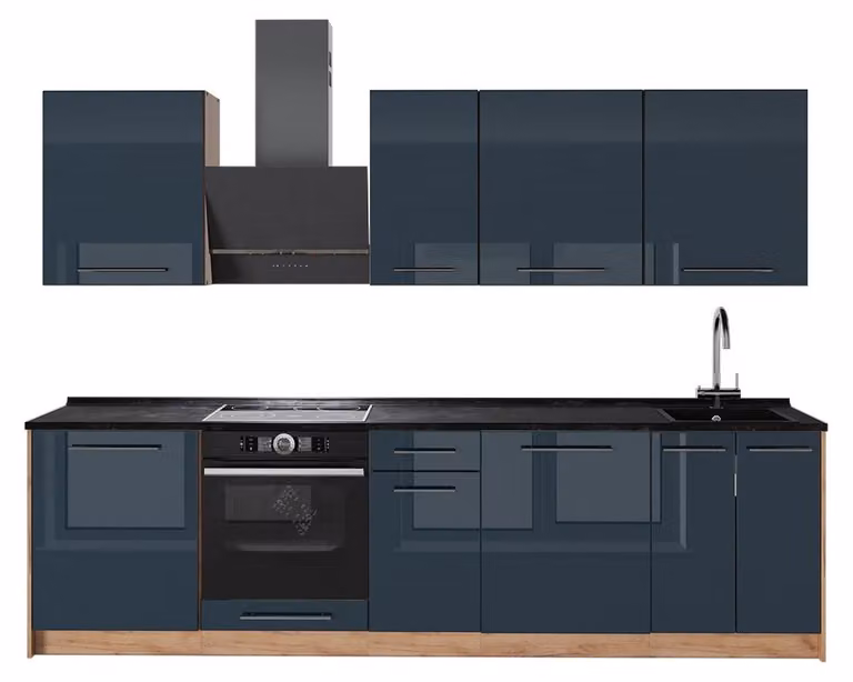 Cucina componibile Vicco Fame-Line Blu scuro lucido/Rovere dorato 280 cm senza piano di lavoro, Model 65742