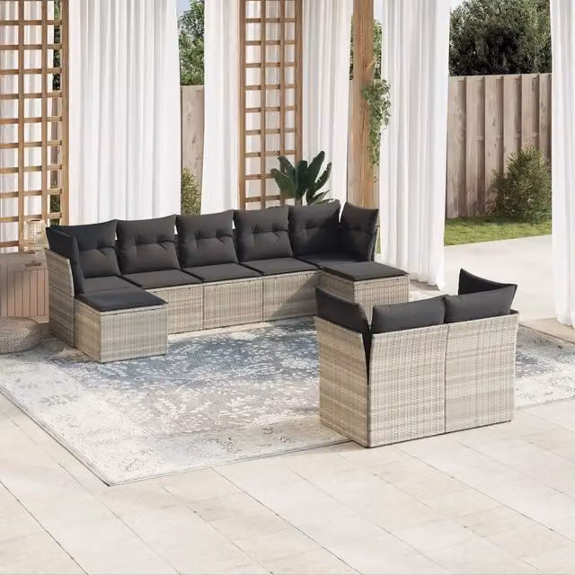 Set Divano da Giardino 9pz con Cuscini Grigio Chiaro Polyrattan 3250151