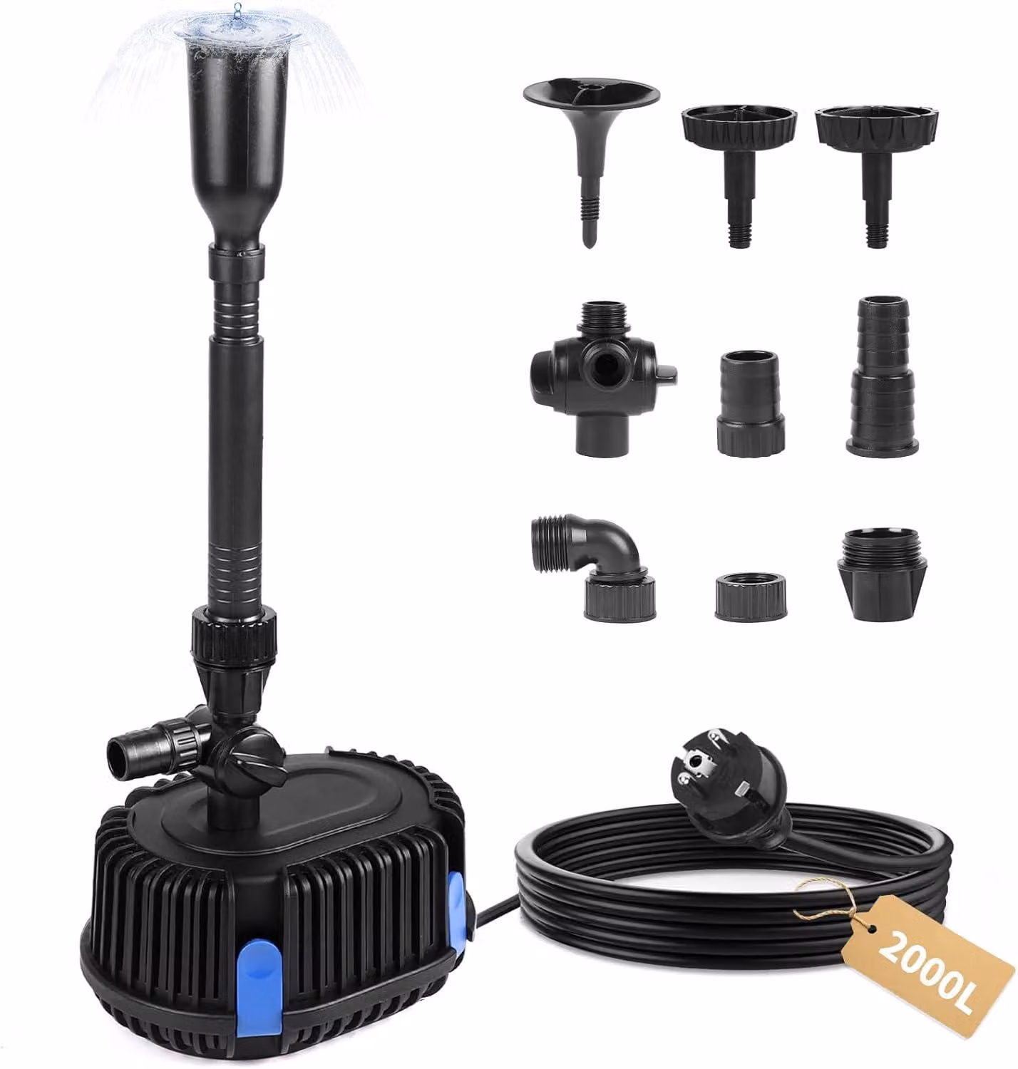 Pompa per giardino, pompa per fontane, 2000 litri/ora, 2 metri. Pompa per stagni esterni, pompa per giochi d'acqua, 35 W. Pompa per fontane con spugna filtrante, pompa per corsi d'acqua, pompa per stagni