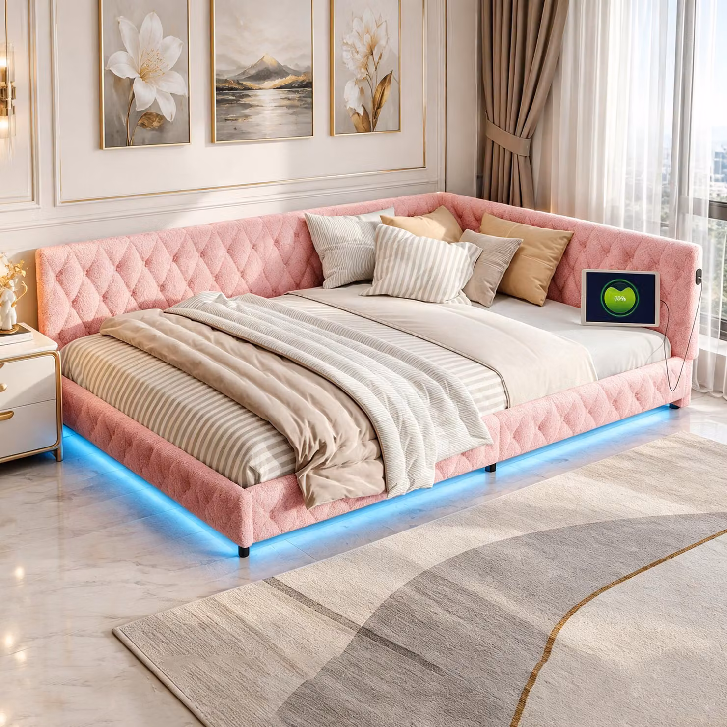 Letto imbottito INONEFT 140x200 cm, divano letto trasformabile in letto, letto matrimoniale con LED e USB, letto angolare, letto per ragazzi con rete a doghe, rivestito in pile effetto peluche, colore rosa