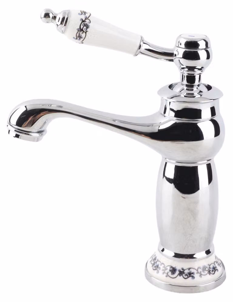 Miscelatore monocomando per lavabo, in ottone, con decoro floreale cromato