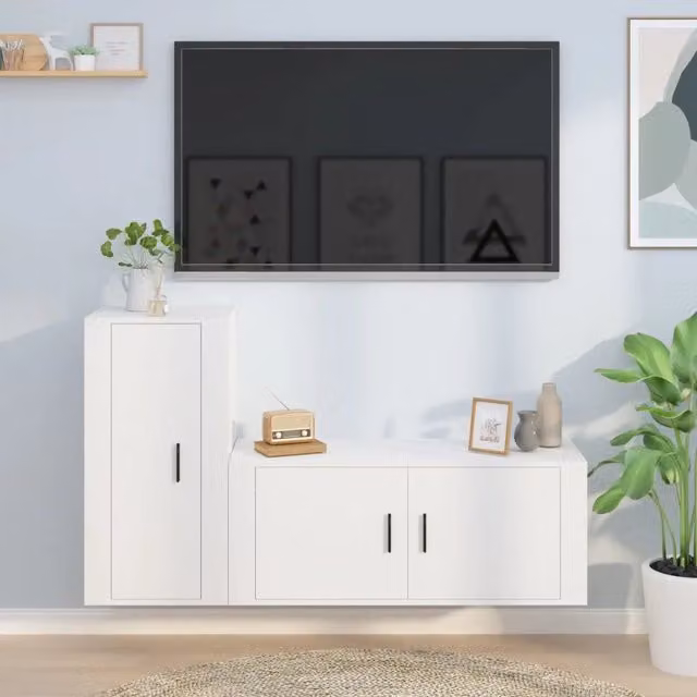 Set di 2 mobili porta TV vidaXL in legno multistrato bianco opaco per soggiorno con montaggio a parete
