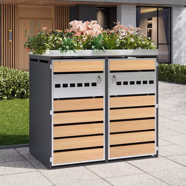 Box per bidoni della spazzatura Merax con fioriera e 2 scomparti, rivestimento per bidoni della spazzatura con effetto legno e acciaio, ventilato e chiudibile a chiave per giardino/esterni