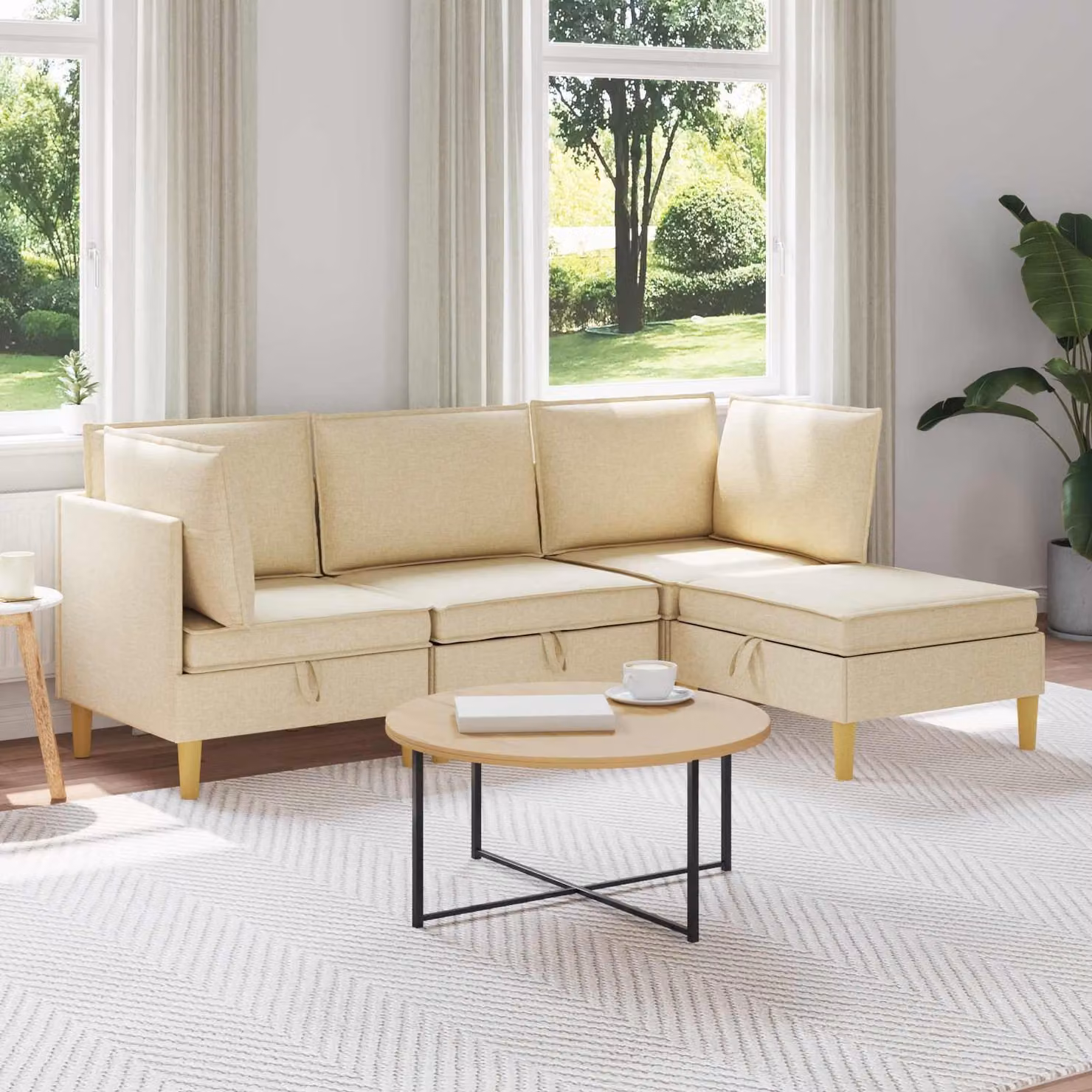 Set di divani modulari vidaXL a L in tessuto beige con spazio di archiviazione, 4 pezzi