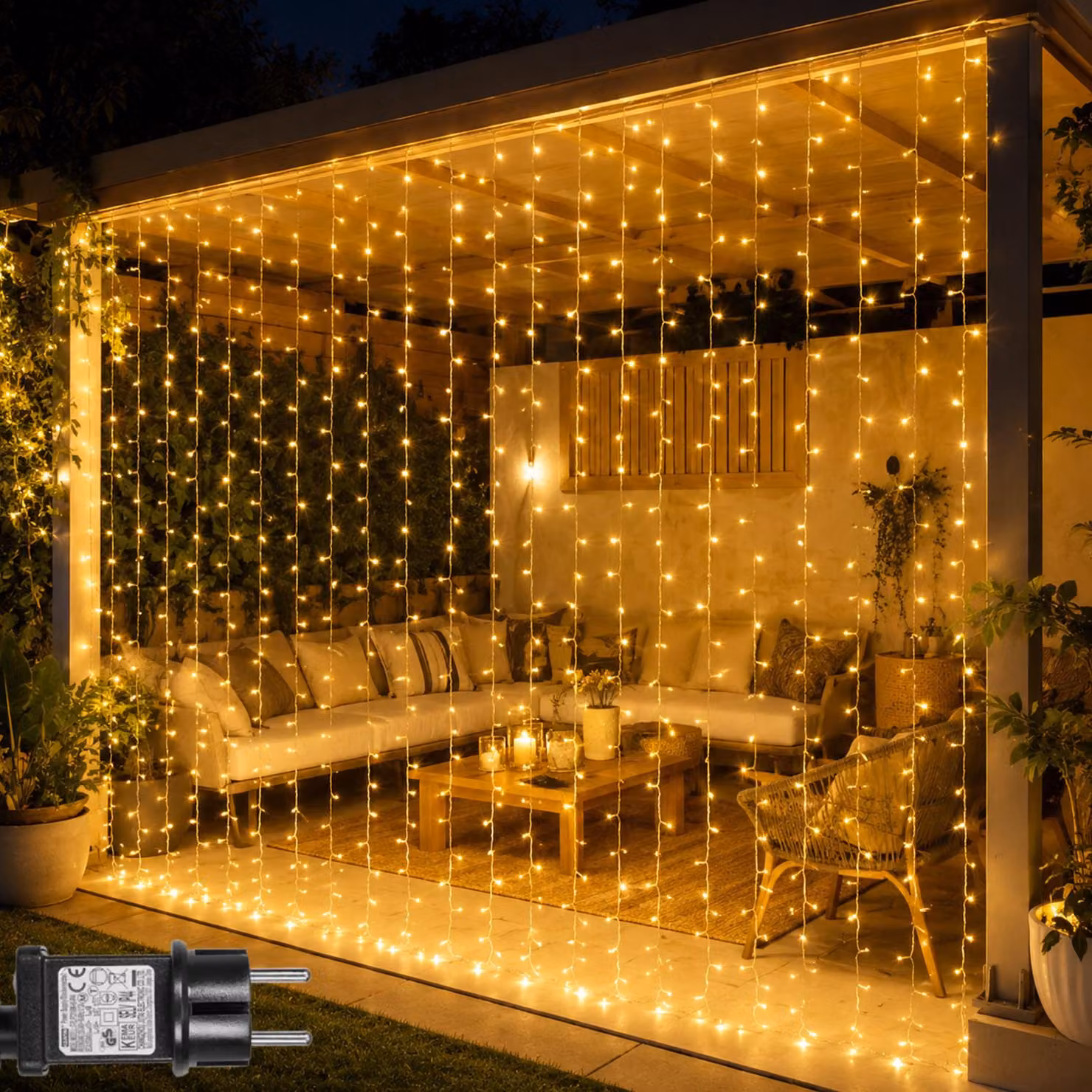 Tenda luminosa a LED, 3x3 metri, 300 LED, forma di stalattiti, catena luminosa con 8 modalità, funzione timer e memoria, ideale per decorazioni natalizie, di Halloween, feste, matrimoni