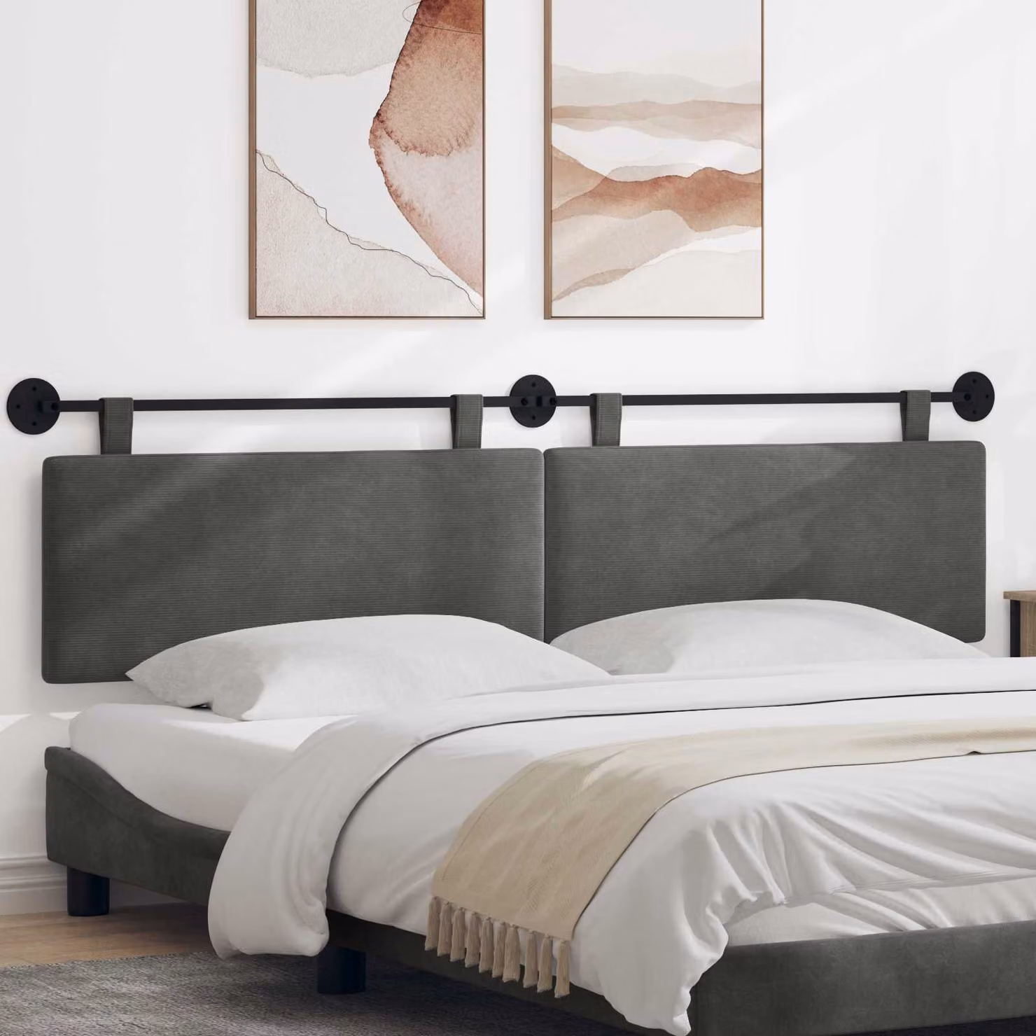 Testiera per letto sospesa vidaXL in tessuto corda grigio con struttura in legno e pannello imbottito L: 210 cm, H: 55 cm, P: 9,4 cm