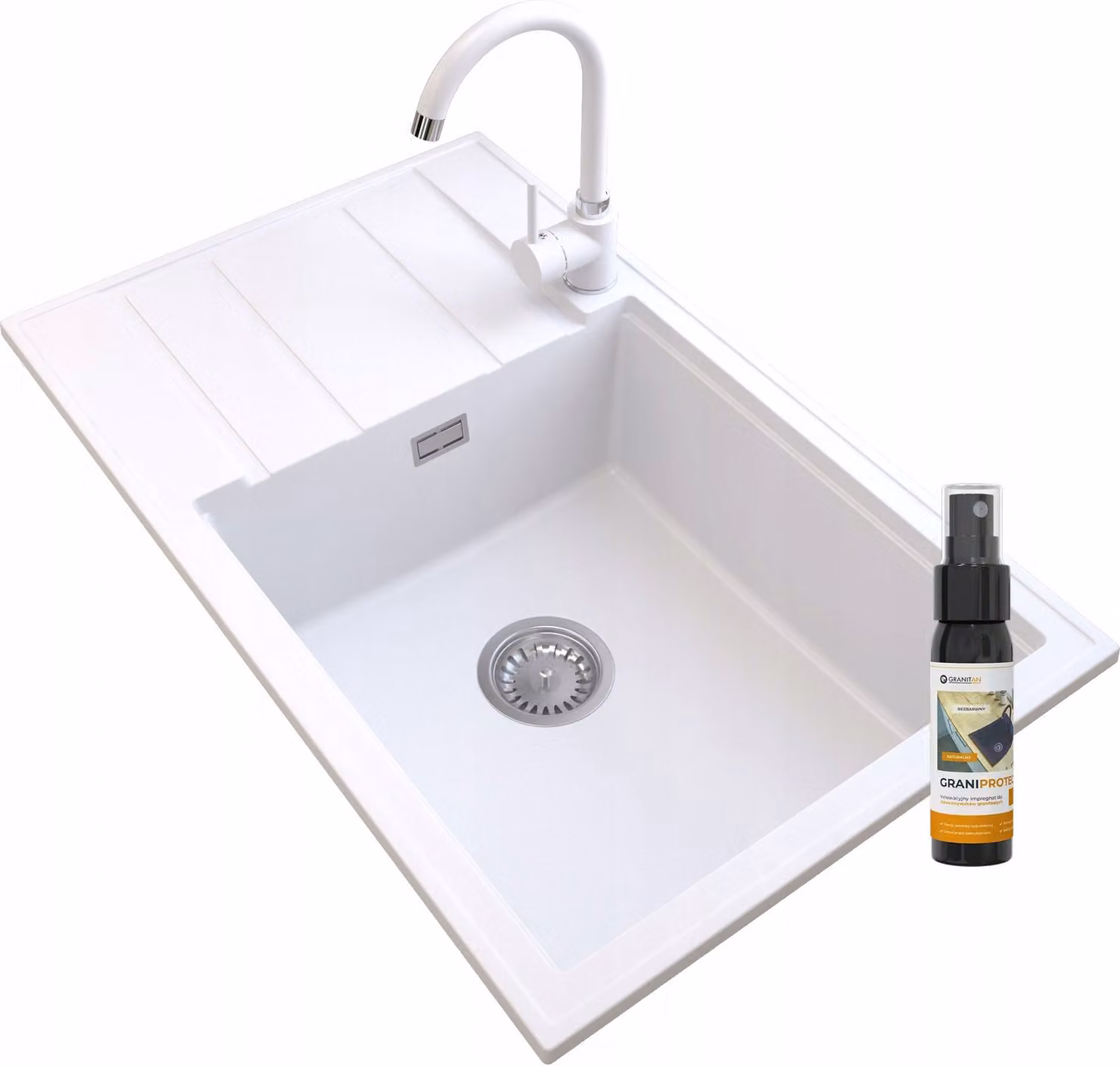 Granitan - Lavello in granito - Lavello da cucina - 80x50 cm - Bianco - con rubinetteria BETA e scolapiatti - LOUIS