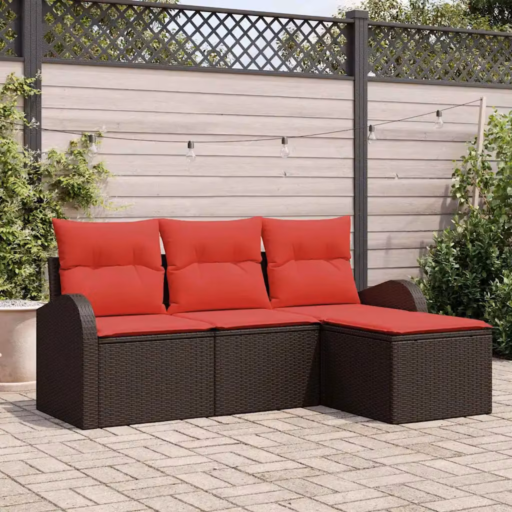 Set di divani da giardino vidaXL a forma di L con pouf, colore marrone e rosso, struttura in metallo e rattan con cuscini inclusi