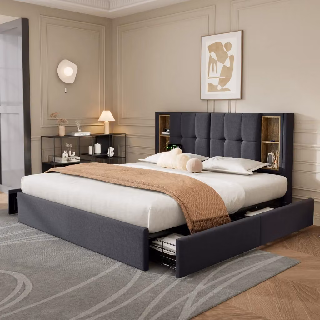 Letto matrimoniale OKWISH moderno in tessuto grigio con 4 cassetti, ricarica USB, porta tipo C e mensola integrata, L/P: 160 x 200 cm, H: 103 cm – 2
