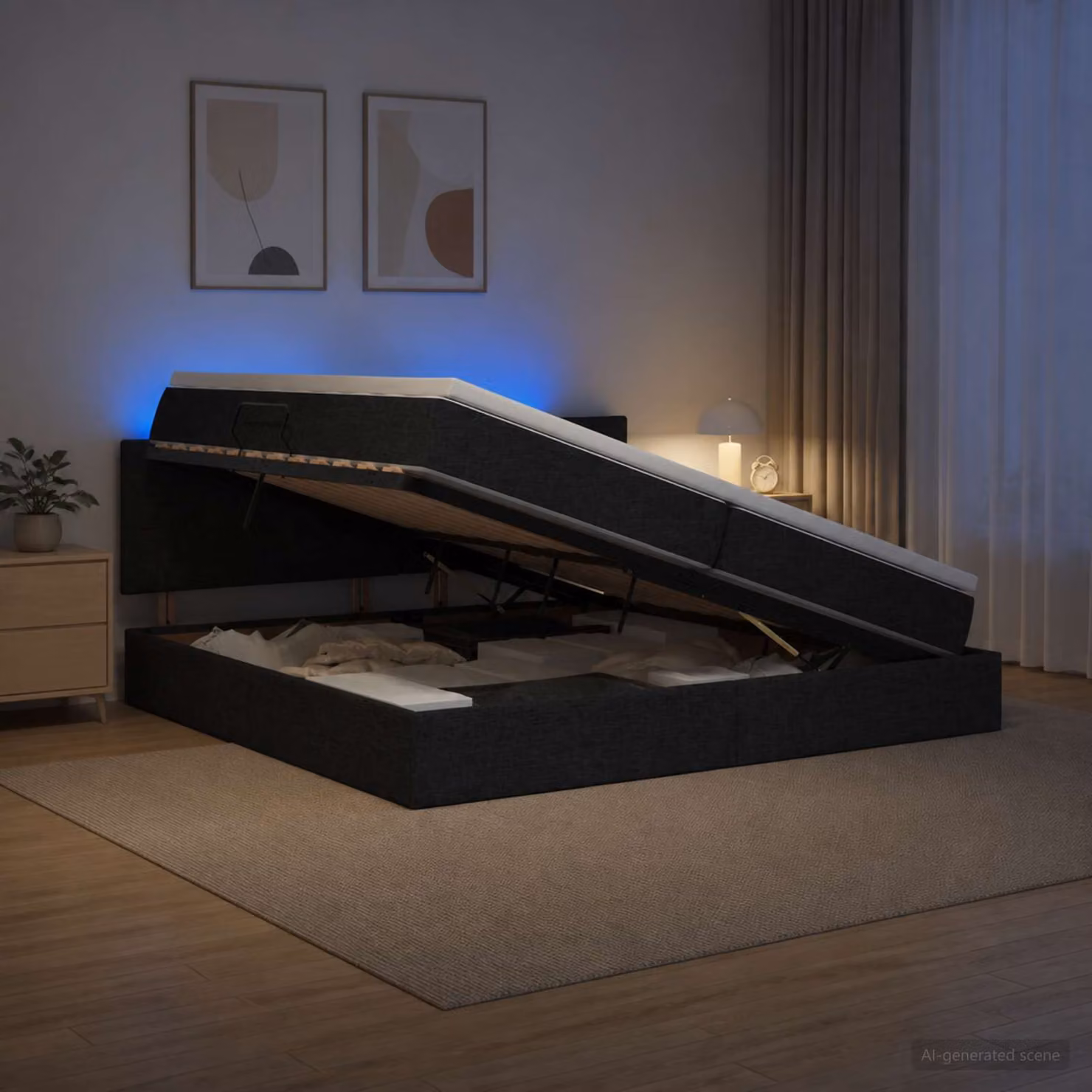Letto con contenitore e illuminazione LED vidaXL, colore nero, con materasso a molle, L/P/H: 200 x 200 x 38 cm