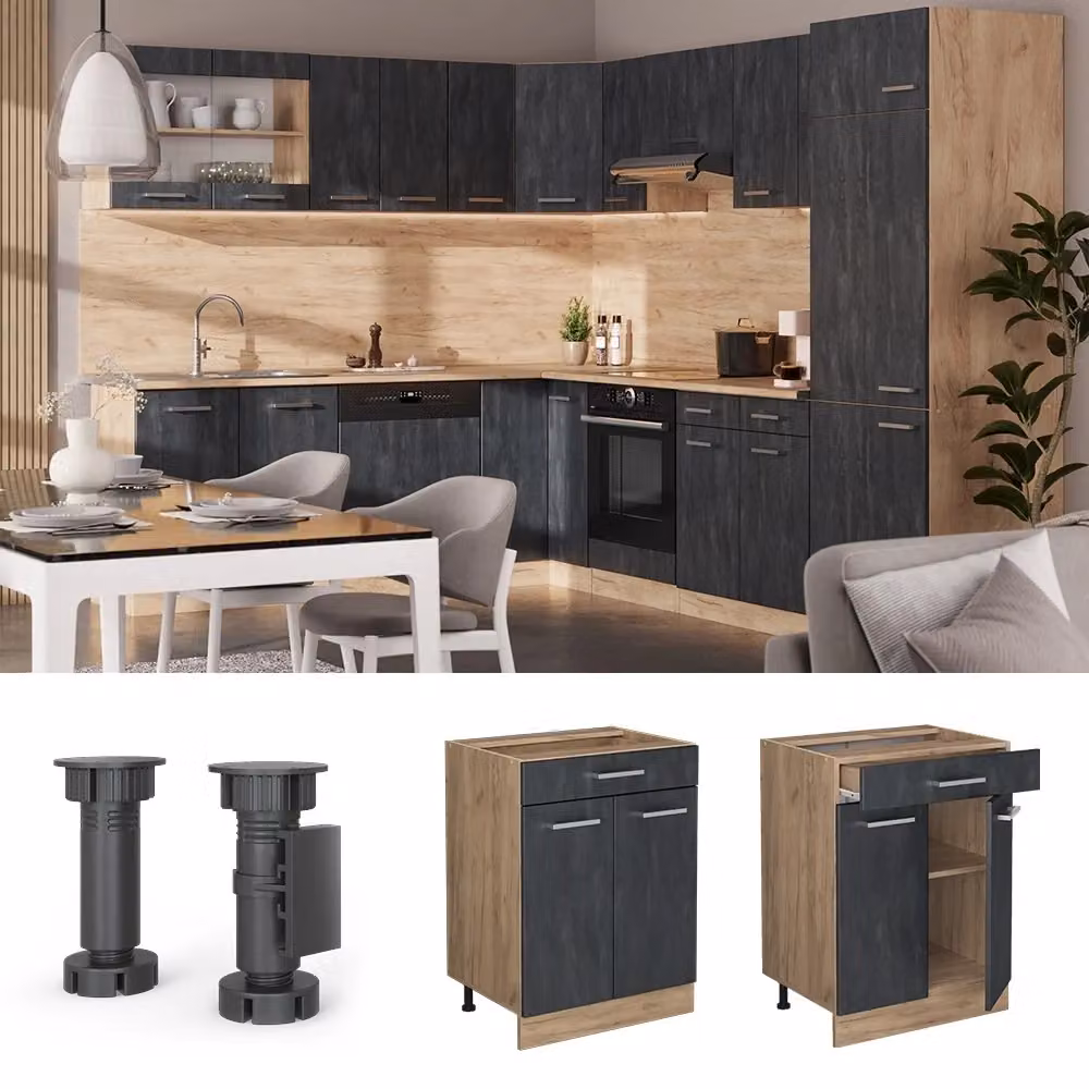 Mobiletto base per cucina Vicco R-Line con ante a battente, finitura opaca in nero, grigio e rovere, L: 60 cm – 2