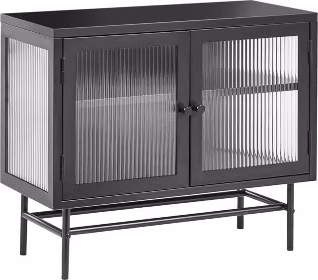 Credenza BELIANI in acciaio nero opaco con ante in vetro scanalato e ripiani interni, design moderno e industriale – 1