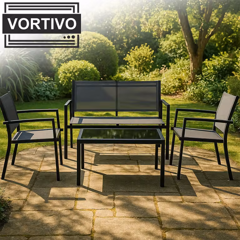 VORTIVO Set da giardino 4 pezzi - resistente alle intemperie, ai raggi UV e di facile manutenzione - con tavolo in vetro, 2 poltrone e divano - ideale per balcone e terrazza