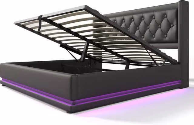 Letto matrimoniale contenitore 160 × 200 cm con USB, Type-C e LED regolabile, materasso incluso, in PU nero