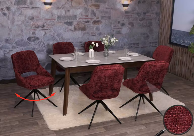 Set di 6 sedie da pranzo modello HWC-N73, sedie da cucina, girevoli con sistema di ritorno automatico, rivestite in tessuto chenille (490g/m²), colore bordeaux