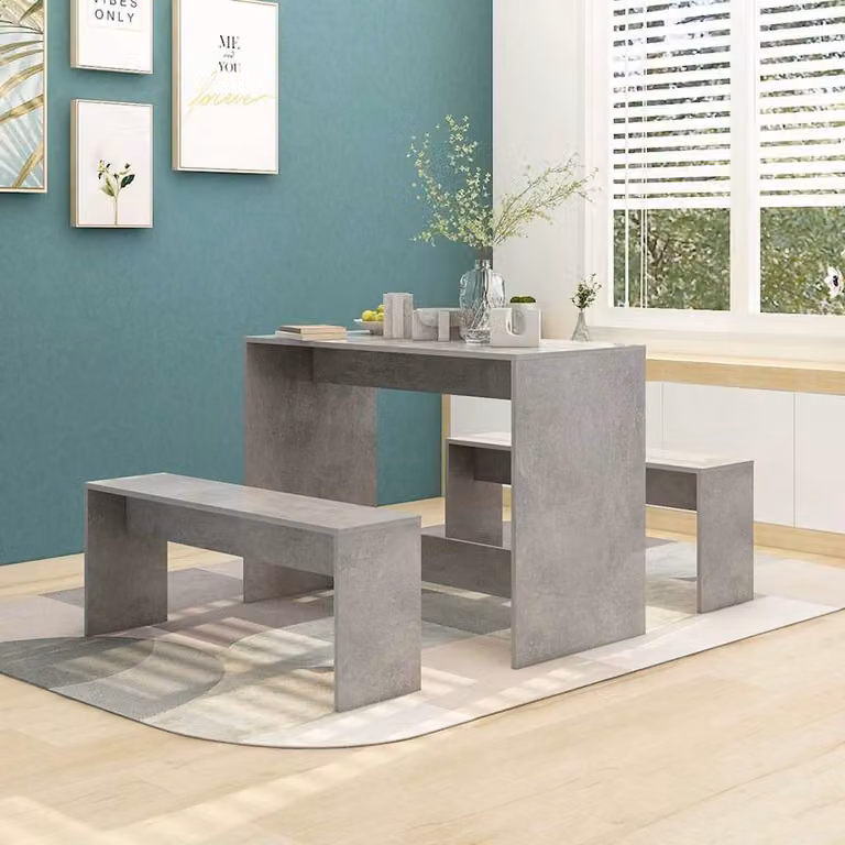 Set da Pranzo Moderno vidaXL in MDF Grigio Cemento composto da Tavolo Rettangolare e 2 Panchine