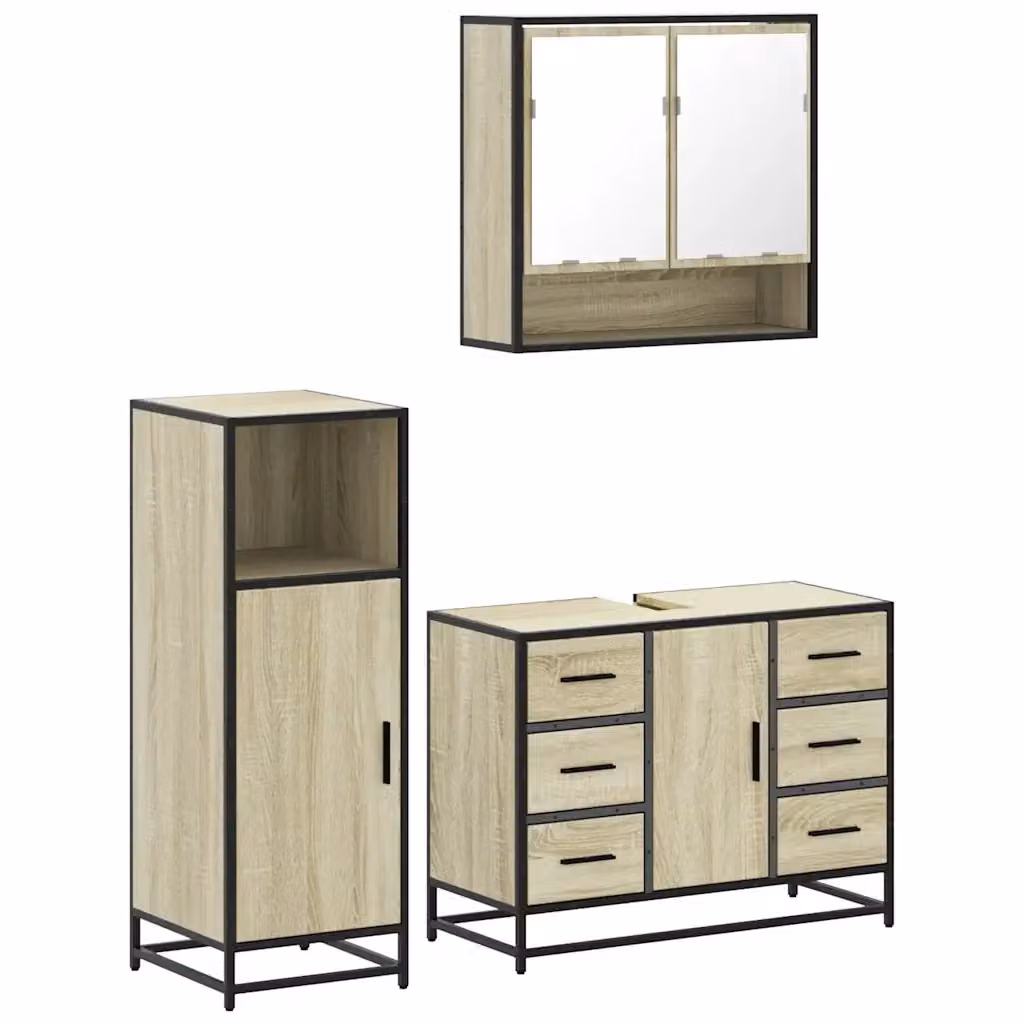 Set Mobili da Bagno Industrial vidaXL in Legno e Metallo, 3 Pezzi Beige, con Armadietto Specchio, Mobile Lavabo e Pensile a Parete – 2