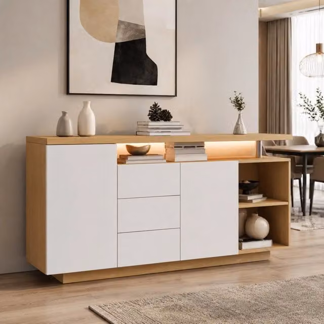 Credenza ULEVR 140 cm con 2 ante, 3 cassetti, 2 vani aperti e illuminazione LED, bianco e rovere chiaro