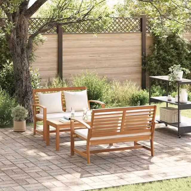 Set da giardino vidaXL in legno di teak solido marrone composto da divano a 2 posti e tavolino da caffè con cuscini inclusi