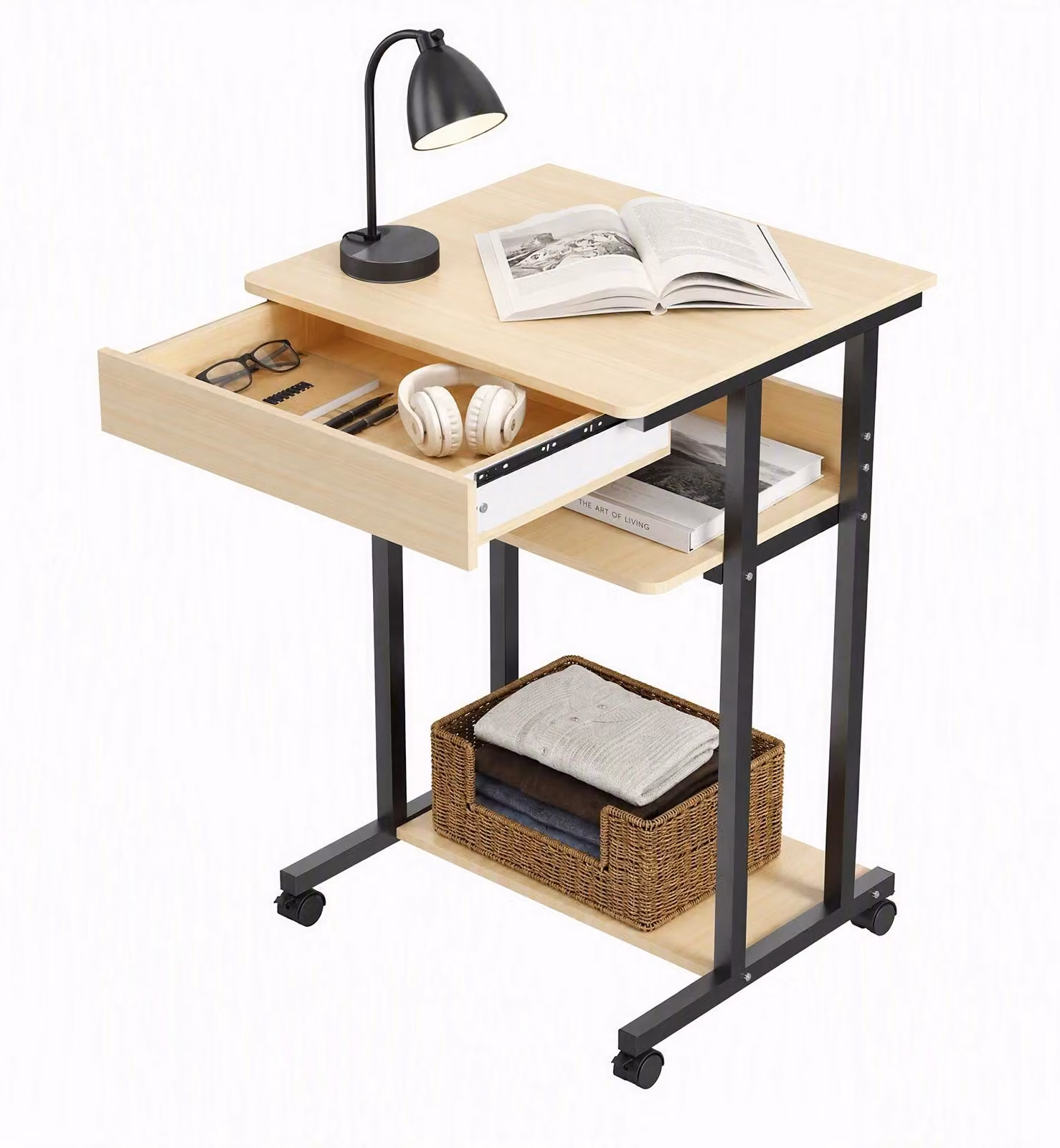 Scrivania per computer - Scrivania - Struttura in metallo - 1 cassetto - 2 ripiani - 51 x 56 x 80 cm - Colore legno