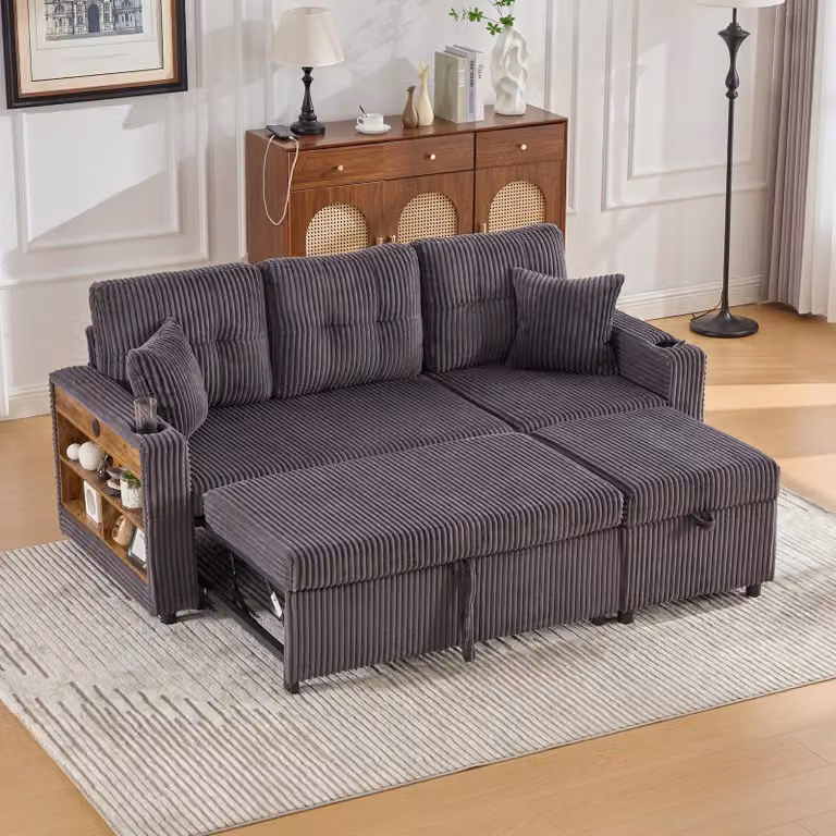 LVHOM divano letto 3 in 1 con USB e LED, divano a 3 posti con funzione letto, divano letto con ripiano, divano modulare con pouf, tessuto a coste, grigio scuro