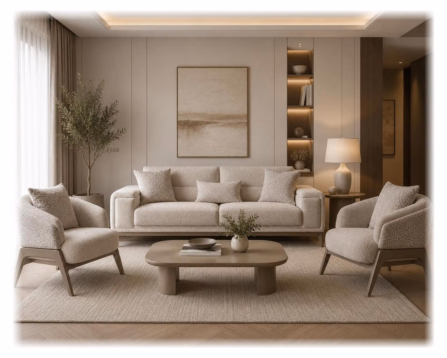 Divano componibile beige, 3 posti + 1 posto + 1 posto, rivestito in tessuto, struttura in legno, design moderno, tinta unita, confortevole
