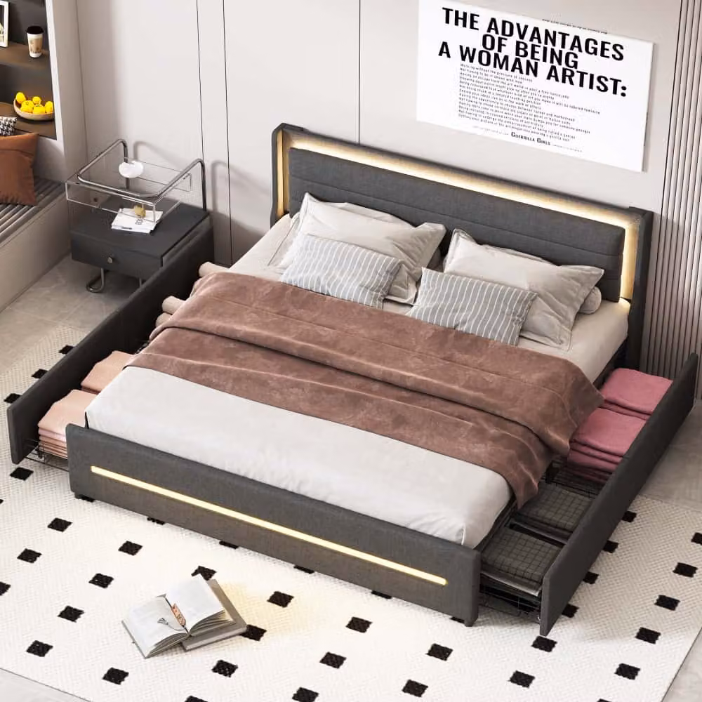 Letto imbottito AIORBER, 180x200cm, con illuminazione LED, con quattro scomparti, tessuto di lino, testata imbottita, letto matrimoniale, con rete a doghe, nero